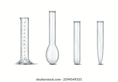 Image showcasing various types of laboratory glassware including a measuring cylinder, a volumetric flask, and test tubes. Perfect for illustrating scientific research and lab work environments.