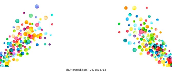 An image showcasing a vibrant explosion of multicolored circles, resembling confetti or balloons, scattered dynamically against a pristine white backdrop, symbolizing celebration and joy.