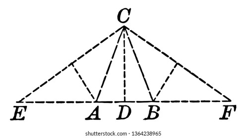 An image showing altitude and triangle with isosceles triangles inside. Triangle showing dotted lines, vintage line drawing or engraving illustration.