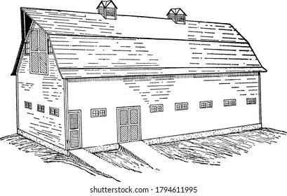 Image showing a building used to keep horse and cattle, vintage line drawing or engraving illustration.