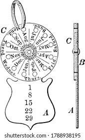 Imagen que muestra un calendario con forma de cadena de claves, dibujo de línea vintage o ilustración de grabado.