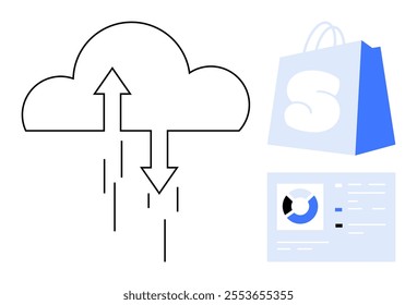 An image showing a cloud with up and down arrows, a shopping bag, and a data analysis sheet. Ideal for cloud storage, e-commerce, data transfer, online shopping, and digital marketing. Minimalist