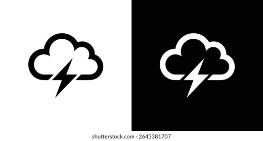 Imagem mostrando um ícone de nuvem e raio, representado em duas variantes em preto sobre um fundo branco e branco sobre um fundo preto. Demonstra contraste visual.