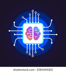 An image showing a computer chip with a brain divided into two parts, representing the concept of artificial intelligence, or the possibility that computers will be able to think and learn like humans