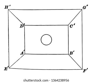 An image showing a concentric rectangle. This concentric rectangle there is a circle inside, vintage line drawing or engraving illustration.