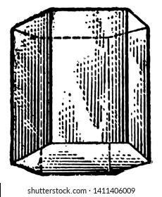 An image showing the diagram of the hexagonal prism. The hexagonal prism is a prism with a hexagonal base, vintage line drawing or engraving illustration.