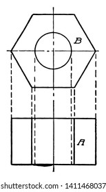 Uma imagem que mostra o diagrama da projeção de uma porca hexagonal, do desenho da linha vintage ou da ilustração da gravação.