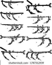 Image showing different types of cultivators, vintage line drawing or engraving illustration.