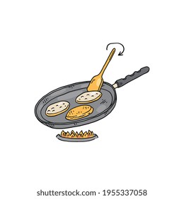 Image showing how to turn pancakes, engraving vector illustration isolated.