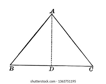 Imagen que muestra un triángulo isosceles ABC. La línea de puntos interiores AD. Debido a esto, el triángulo tiene dos partes, dibujo de línea vintage o ilustración de grabado.
