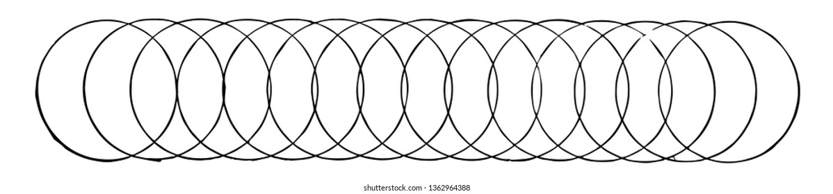 An image showing a line of intertwined circles of equal radius, vintage line drawing or engraving illustration.
