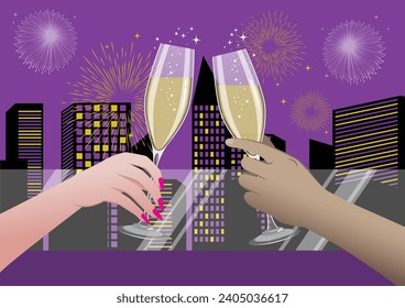 An image showing a man and woman enjoying themselves by toasting wine glasses on a balcony while watching fireworks over a nighttime cityscape, or any romantic-themed content.