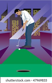 An image showing a manager relaxing in his office by playing mini golf, and trying to put the golf ball into the hole