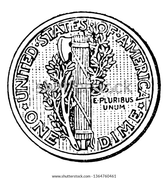 An image\
showing a Mercury Dime coin. This is showing the Reverse side. The\
United States and one dime have been written on it, vintage line\
drawing or engraving\
illustration.