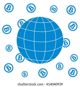 Image showing the possibility of using bitcoin as a means of payment in the world: bitcoins and globe on white background