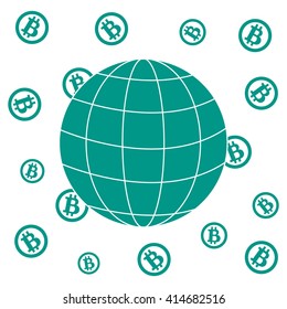 Image showing the possibility of using bitcoin as a means of payment in the world: bitcoins and globe on white background