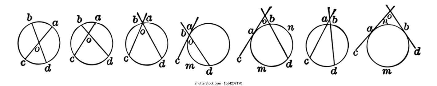 An image showing several circles and angles formed by intersecting lines, vintage line drawing or engraving illustration.