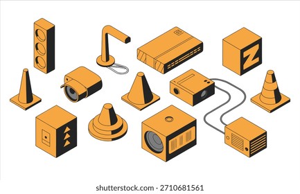 Image showing several orange isometric shapes including orange traffic cones, a traffic light, a surveillance camera, and other geometric forms, all on a clean white backdrop.