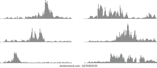 An image showing six grayscale graphs with varying heights of bars, representing data fluctuations or signal strength.