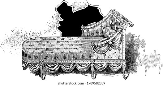 Imagen que muestra un elegante sofá diseñado por Thomas Sheraton, dibujo vintage de líneas o ilustración de grabado.