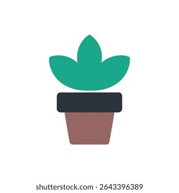 Image showing a stylized vector illustration of a small green plant growing in a terracotta pot with a dark-colored rim, isolated on white.