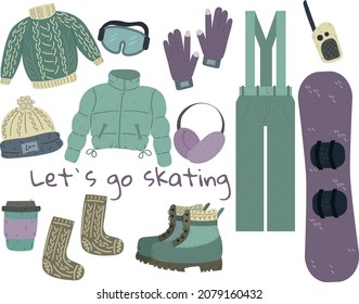 an image showing things for a snowboard. Items for skiing. vector image for flyers, banners and other projects.