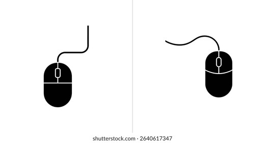 Image showing two black computer mouse icons on a white background, each mouse having a different cord orientation, isolated by a vertical division.