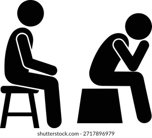 Uma imagem mostrando duas silhuetas pretas de uma pessoa sentada sobre um banquinho, uma com uma postura reta e a outra com uma postura abaulada, sobre um fundo branco.
