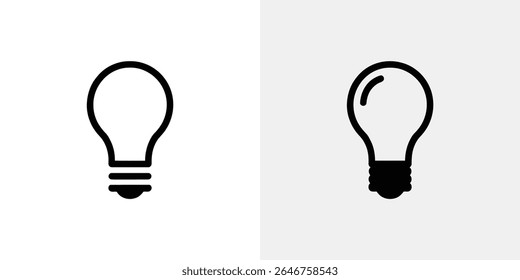 Image showing two stylized black and white lightbulb icons, each showcasing distinct design features against alternating white and grey backgrounds. Idea and simple design concept.