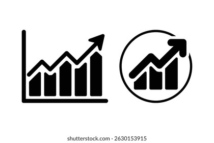 Image showing two variations of a black growth chart icon, one with axis lines and one circled, both showing an upward trending graph with arrow.
