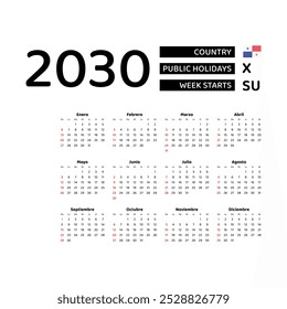 The image shows a 2030 calendar for Panama. The calendar is in Spanish and includes public holidays. The week starts on Sunday.