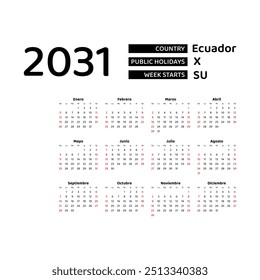 The image shows a 2031 calendar for Ecuador. The calendar is in Spanish and includes public holidays. The week starts on Sunday