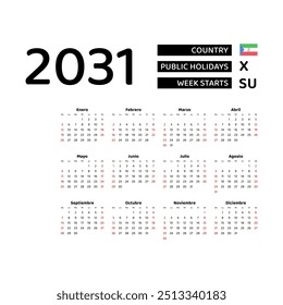 The image shows a 2031 calendar for Equatorial Guinea. The calendar is in Spanish and includes public holidays. The week starts on Sunday.