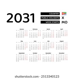 The image shows a 2031 calendar for Eritria. The calendar is in English and includes public holidays. The week starts on Monday.