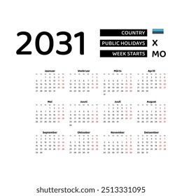 The image shows a 2031 calendar for Estonia. The calendar is in Estonian and includes public holidays. The week starts on Monday.