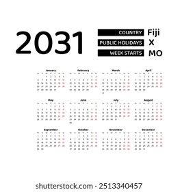 The image shows a 2031 calendar for Fiji. The calendar is in English and includes public holidays. The week starts on Monday.