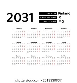 The image shows a 2031 calendar for Finland. The calendar is in Finnish and includes public holidays. The week starts on Monday.