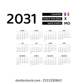 The image shows a 2031 calendar for France. The calendar is in French and includes public holidays. The week starts on Monday.