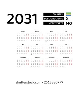 The image shows a 2031 calendar for Gabon. The calendar is in French and includes public holidays. The week starts on Monday.