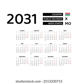 The image shows a 2031 calendar for Gambia. The calendar is in English and includes public holidays. The week starts on Monday.