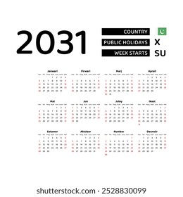 The image shows a 2031 calendar for Pakistan. The calendar is in Urdu and includes public holidays. The week starts on Sunday.