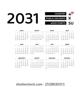 The image shows a 2031 calendar for Panama. The calendar is in Spanish and includes public holidays. The week starts on Sunday.