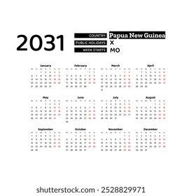 The image shows a 2031 calendar for Papua New Guinea. The calendar is in English and includes public holidays. The week starts on Monday.