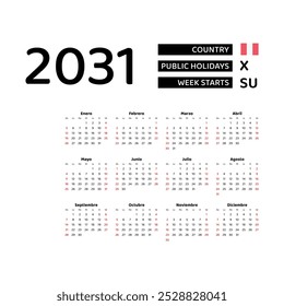 The image shows a 2031 calendar for Peru. The calendar is in Spanish and includes public holidays. The week starts on Sunday.