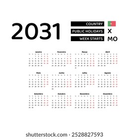 The image shows a 2031 calendar for Portugal. The calendar is in Portuguese and includes public holidays. The week starts on Monday.