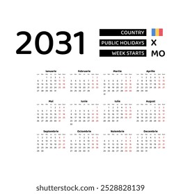 The image shows a 2031 calendar for Romania. The calendar is in Romanian and includes public holidays. The week starts on Monday.