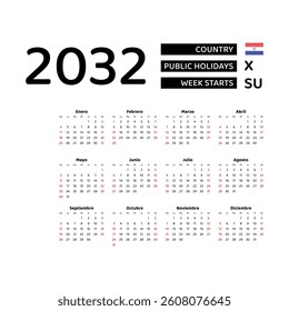 The image shows a 2032 calendar for the Paraguay. The calendar is in Spanish and includes public holidays. The week starts on Sunday.