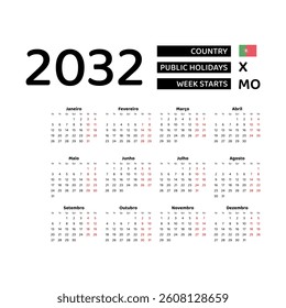 The image shows a 2032 calendar for Portugal. The calendar is in Portuguese and includes public holidays. The week starts on Monday.