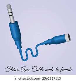 The image shows a 3D blue stereo auxiliary (aux) cable with a male-to-female configuration.This type of cable is commonly used to connect audio devices, such as smartphones,tablets or computers etc.