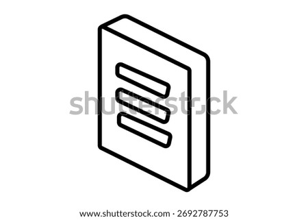 The image shows a 3D book icon with horizontal lines on the cover, representing text or content. iving it a simple yet modern look.